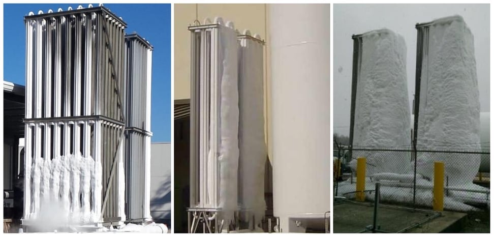 Figure 1: Ice build-up on oxygen evaporators—normal (left), concerning (middle), dangerous (right).